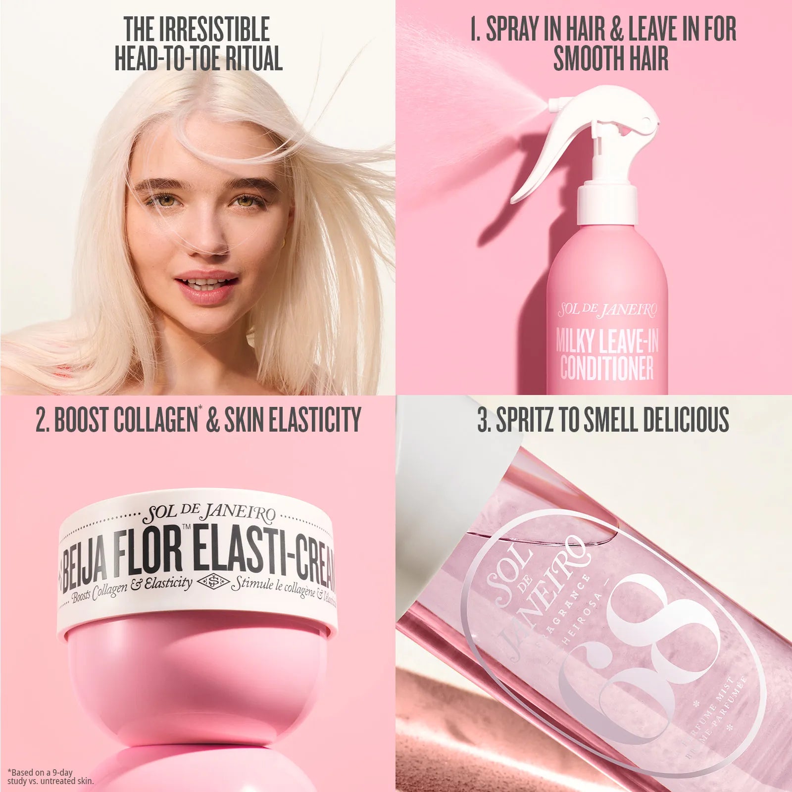 the irresistible head to toe ritual 

spray in hair and leave in for smooth hair boost collage and skin elasticity spritz to smell delicious