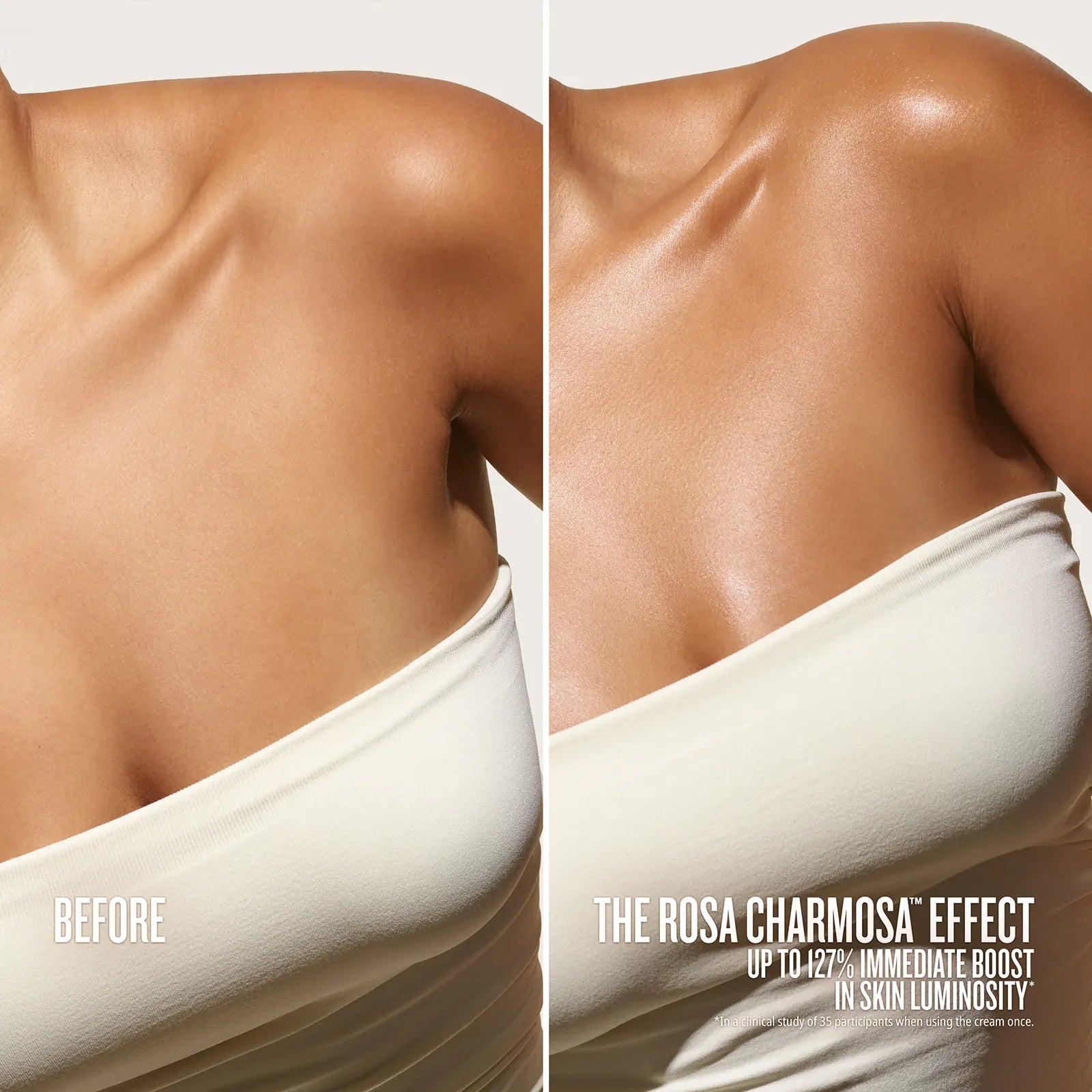 Before/After the rosa charmosa effect up to 127% immediate boost in skin luminosity