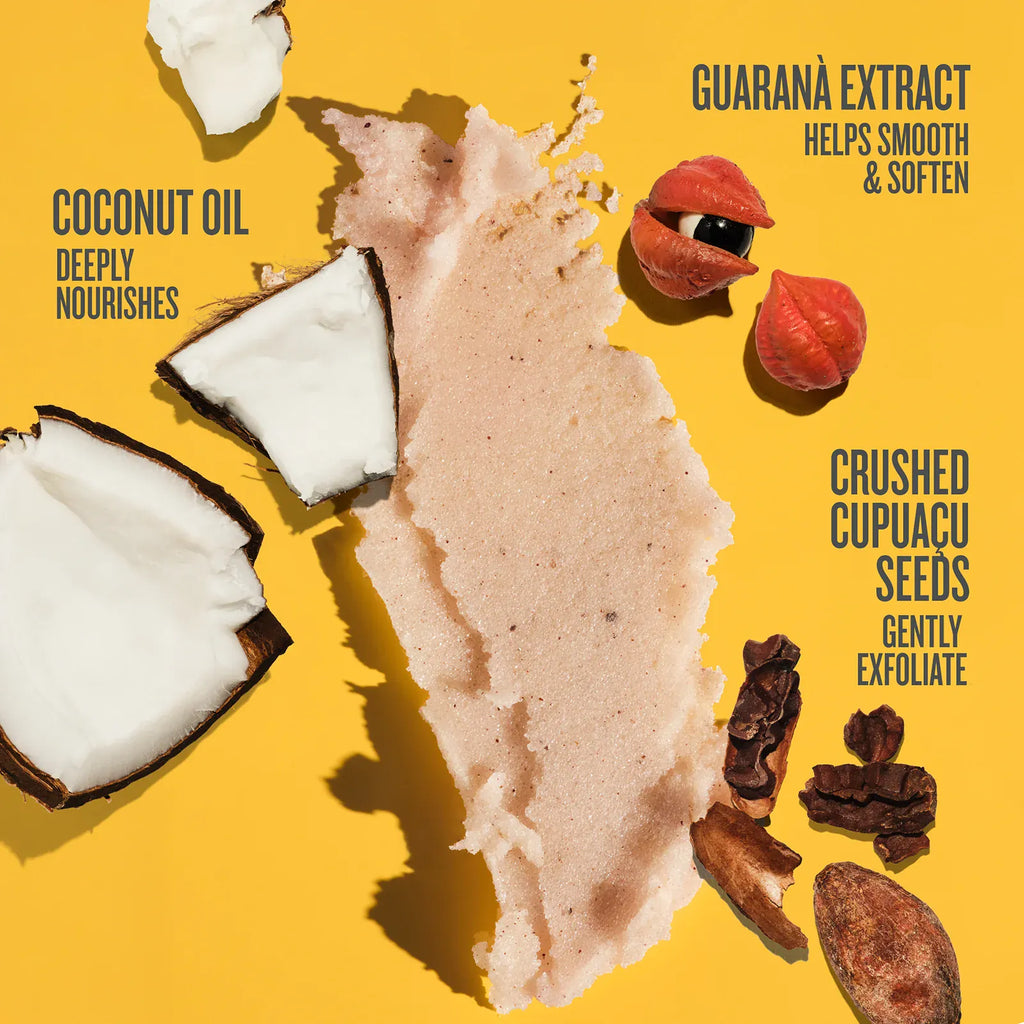 coconut oil deeply nourishes, guarana extract helps smooth & soften, crushed cupuacu seeds gently exfoliate