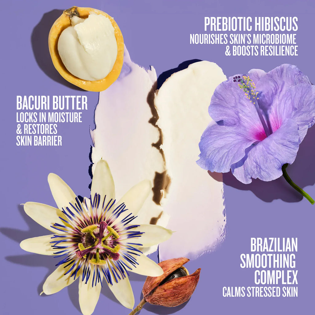 Cosmetic product with hibiscus flower, bacuri fruit, and passionflower on a purple background.

bacuri butter locks in moisture & restores skin barrier, prebiotic hibiscus nourishes skins microiome and boosts resilience. Brazilian smoothing complex calms stressed skin