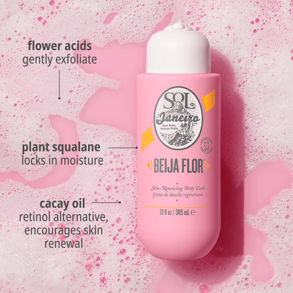 Flower acids gently exfoliate, plant squalane locks in moisture, cacay oil retinol alternative, encourages skin renewal