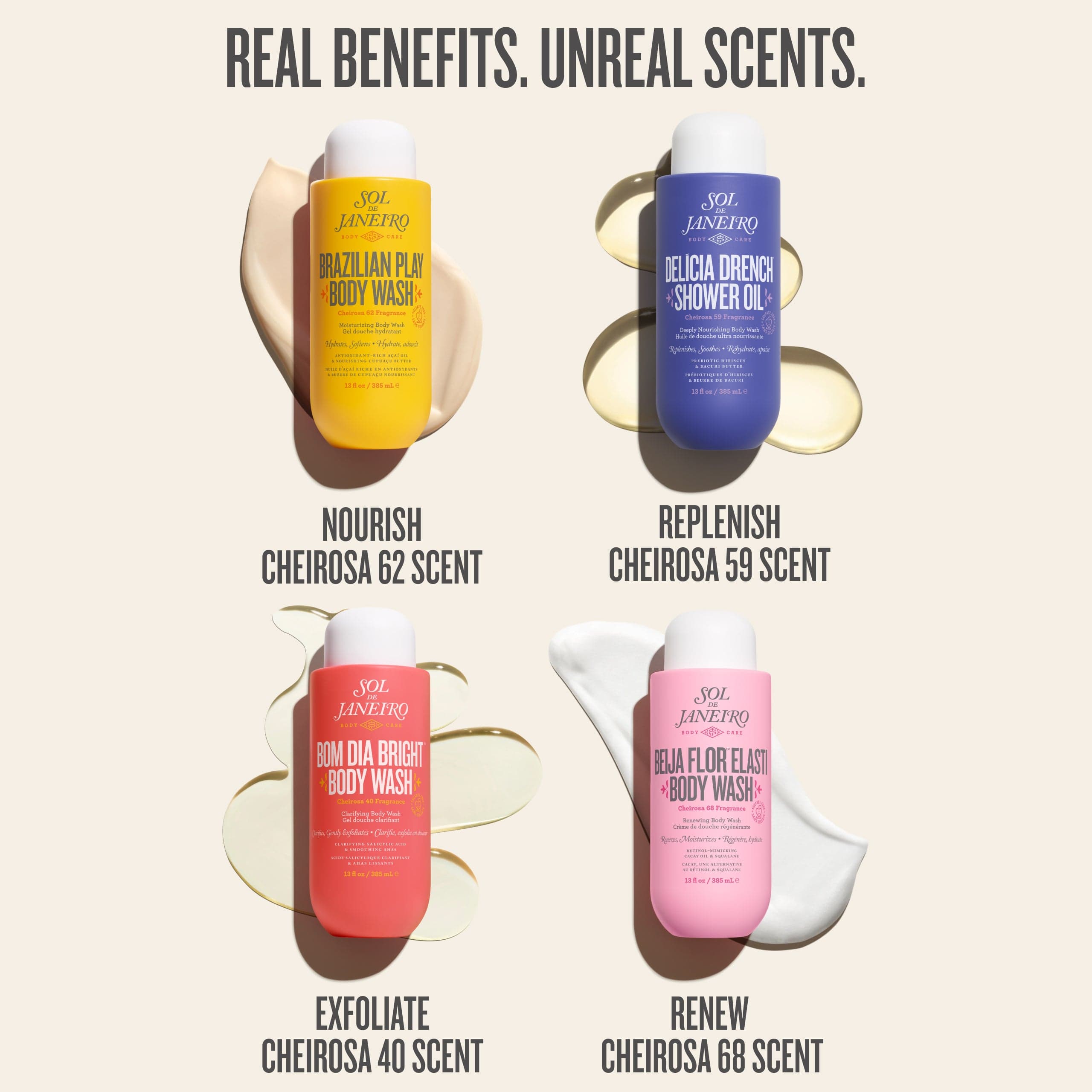 real benefits, unreal scents. nourish cheirosa 62 scent, replenish cheirosa 59 scent, exfoliate cheirosa 40 scent, renew cheirosa 68 scent