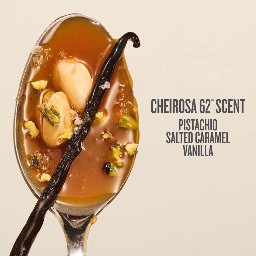 Spoon with dessert and vanilla bean, labeled 'Cheirosa 62 Scent Pistachio Salted Caramel Vanilla'.