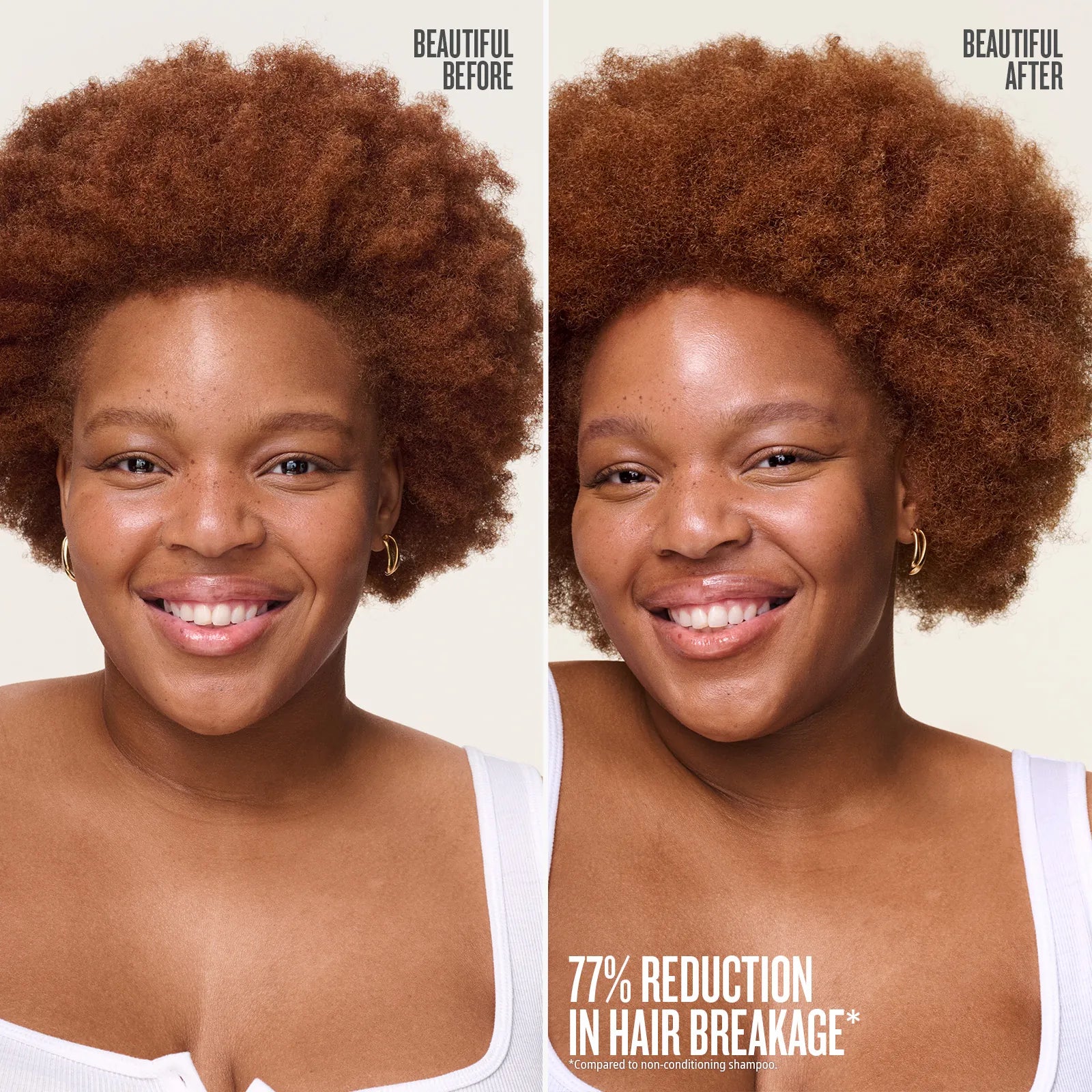 Before and after comparison of a woman's hair with text indicating 77% reduction in hair breakage.