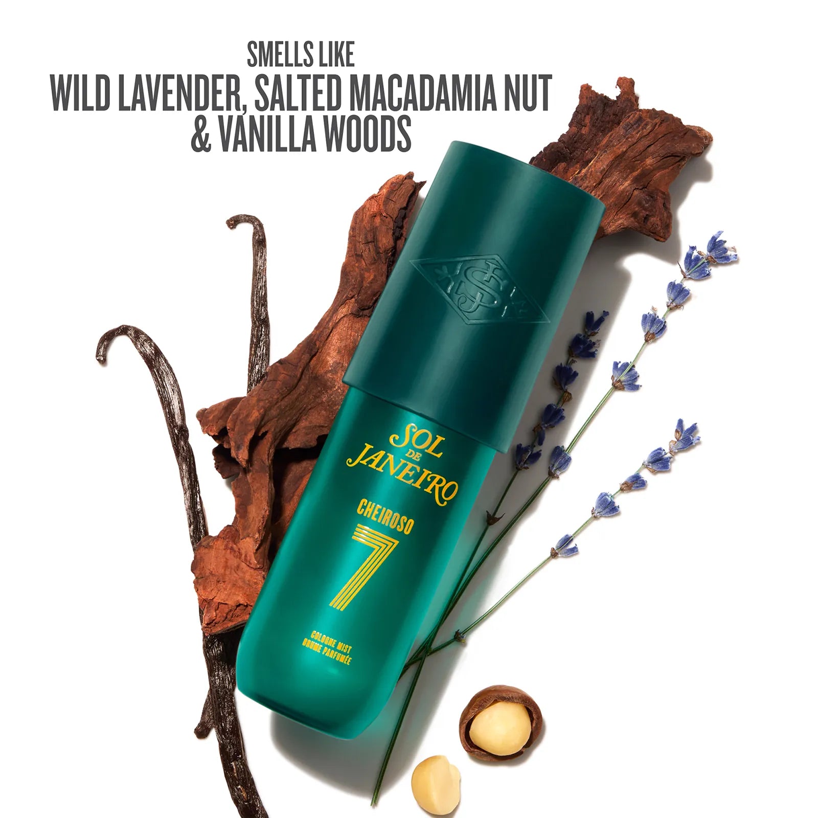 Green bottle with 'Sol de Janeiro' branding surrounded by vanilla beans, lavender, and macadamia nut on a white background.