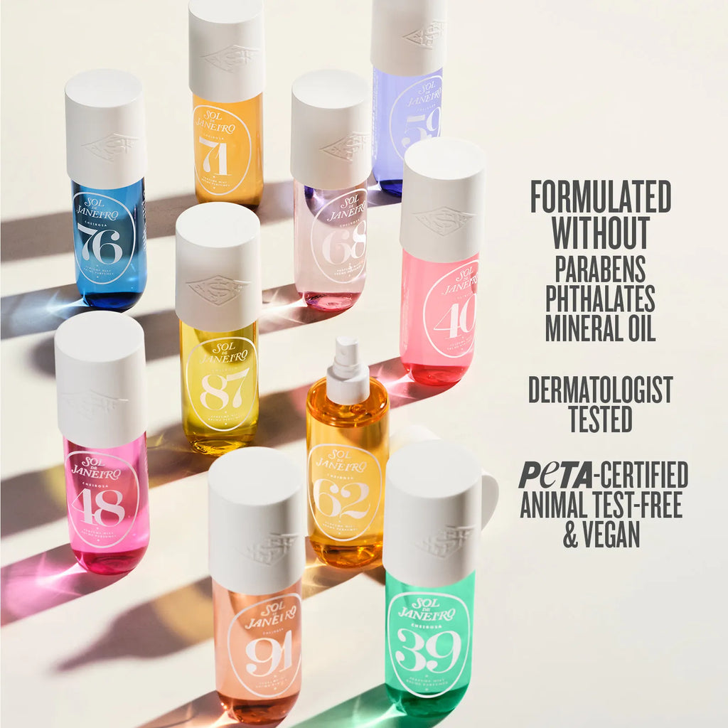 Collection of skincare bottles with various colors on a light background, featuring text about product ingredients and certifications.
