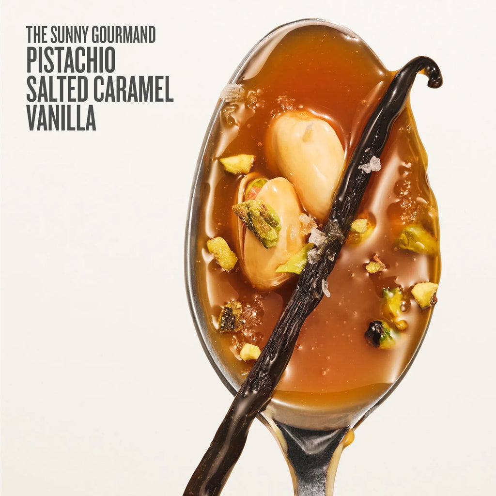 Spoon with pistachio, salted caramel, and vanilla on a white background