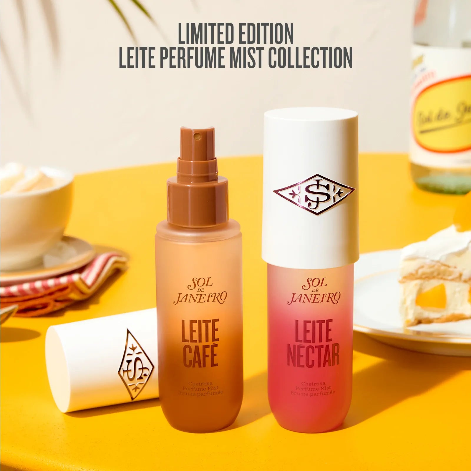 Two Sol Janefro perfume bottles on a yellow surface with text indicating a limited edition collection.