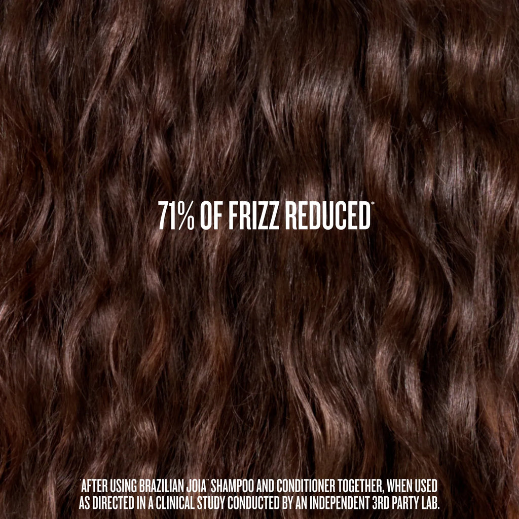 Close-up of curly brown hair with text indicating 71% frizz reduction, set against a dark brown background.