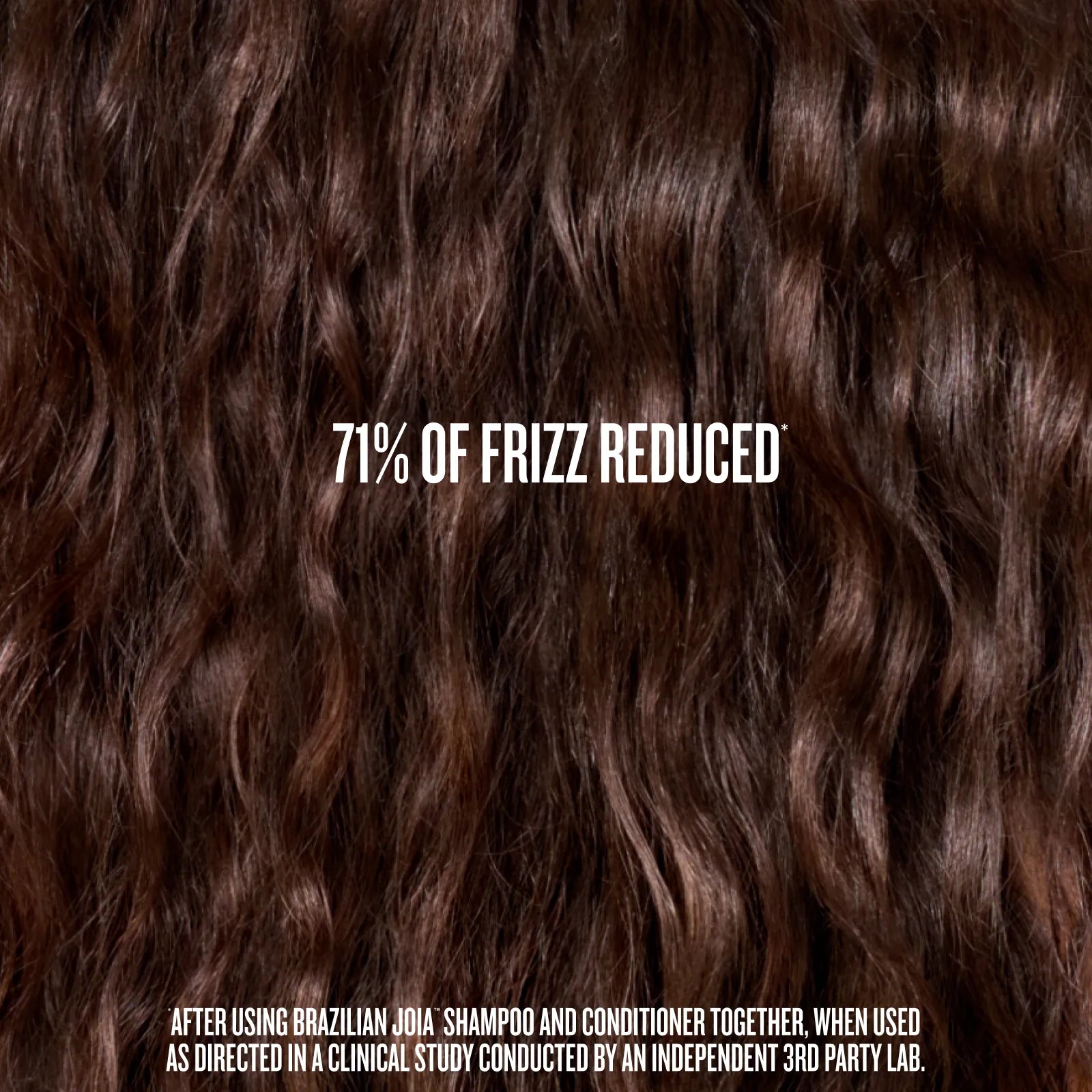 Close-up of curly brown hair with text indicating 71% frizz reduction, set against a dark brown background.
