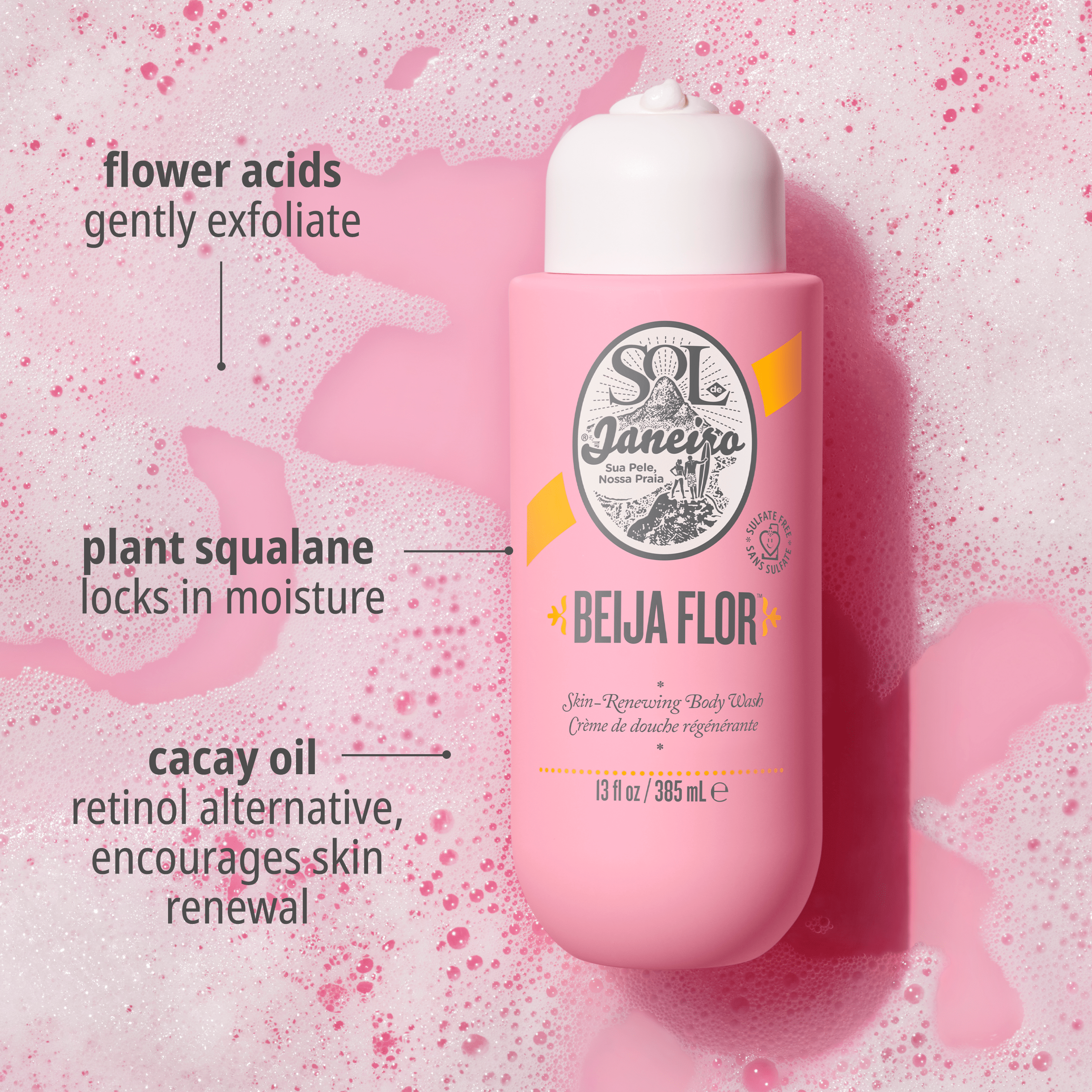Flower acids gently exfoliate, plant squalane locks in moisture, cacay oil retinol alternative, encourages skin renewal